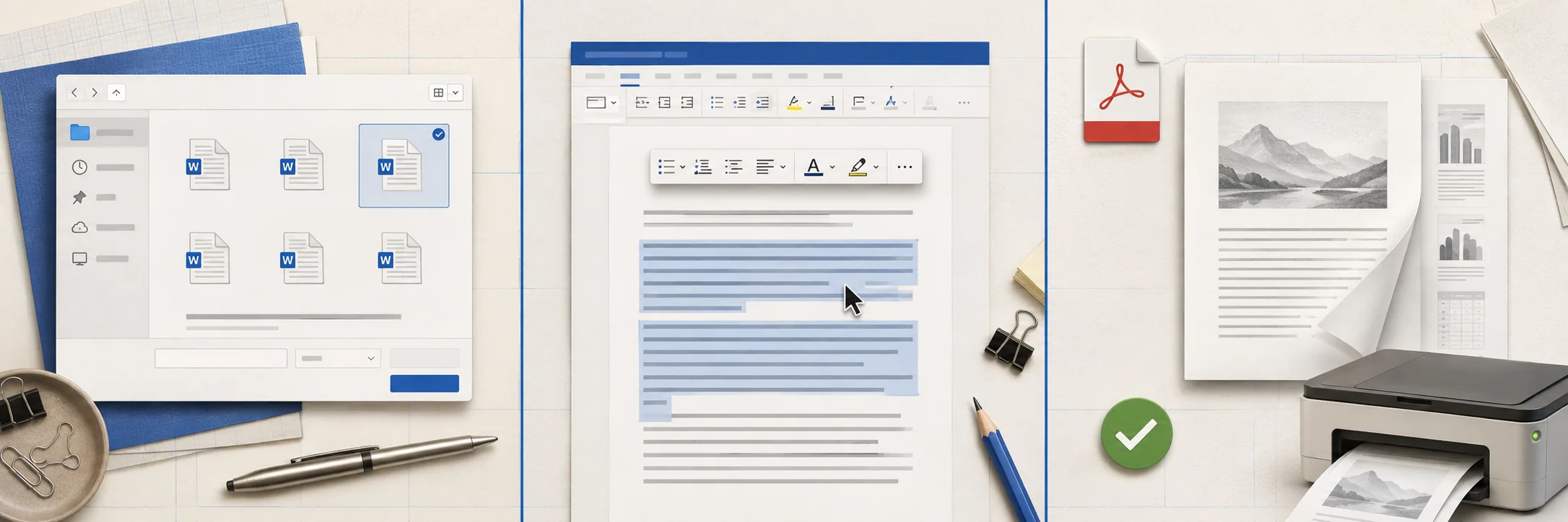 Три этапа работы: выбор DOCX, редактирование текста и подготовка PDF